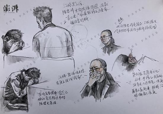 15日上午庭审现场速写。（澎湃新闻记者 李媛 图）