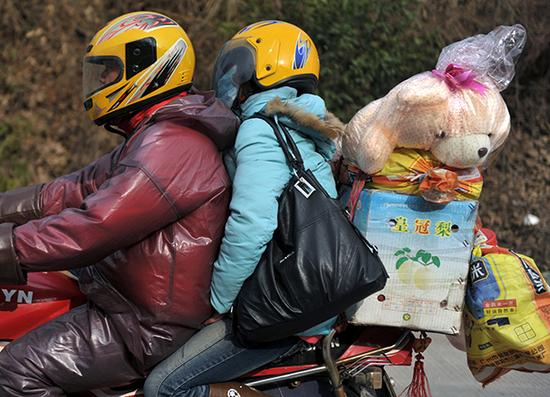 　　2011年1月29日下午15点，广东省连州市境内，一只小熊趴在车后的包裹上，跟主人一起回湖南过年。 视觉中国 资料图