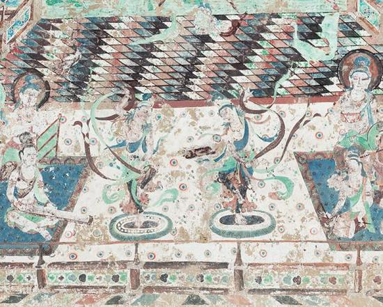 莫高窟-第220窟-主室-南壁乐舞（局部），虚拟修复后。 敦煌文物数字化研究所供图