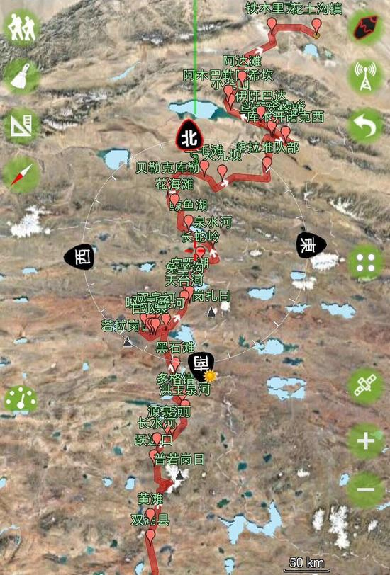 ▲ 刘银川穿越无人区的徒步路线。受访者供图