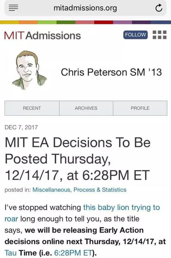 ▲“MIT招生官网截图：今年提前录取发榜时间为2017年12月14日，下午6时28分”，准确到分。
