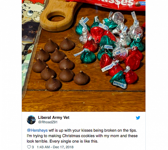 网友抱怨每个Kisses巧克力“尖部”都断了。