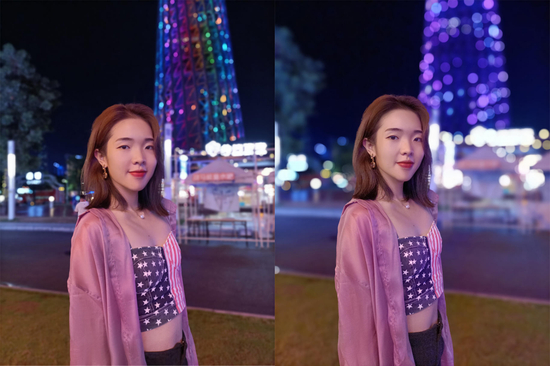 （左：普通人像模式，右：开启夜景光斑人像）