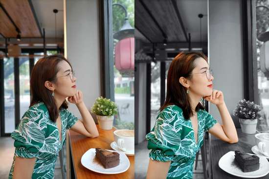 （左：普通人像模式，右：开启人像留色）