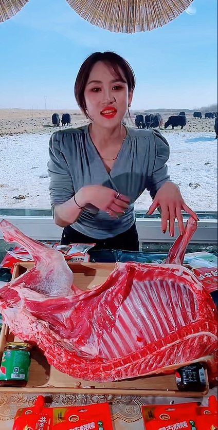 ▲ 年货节期间，永昌当地的新农人正在拼多多店铺直播。主播的背后就是广阔的牧场。图|年货节直播间截图