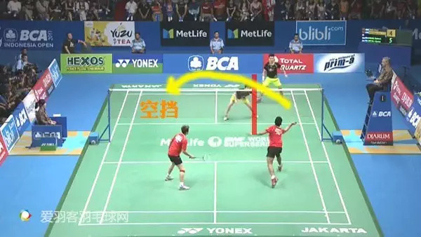 （红衣男抢网，在黑衣组合左半场形成前后站位时突然转斜线空档）