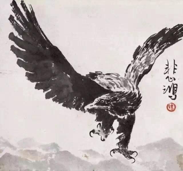 徐悲鸿画鹰，以没骨与勾勒相结合