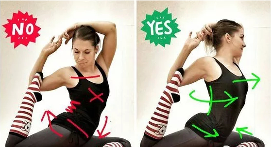 右髋部往前转动，胸腔展开向前