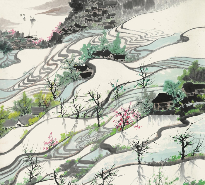 画坛巨匠吴冠中笔下逼真的梯田：几条曲线，几点彩墨，满腔山河情