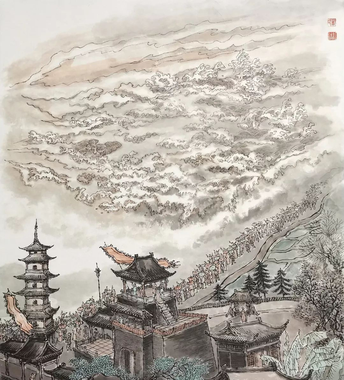 戴红倩国画《钱塘江观潮》欣赏