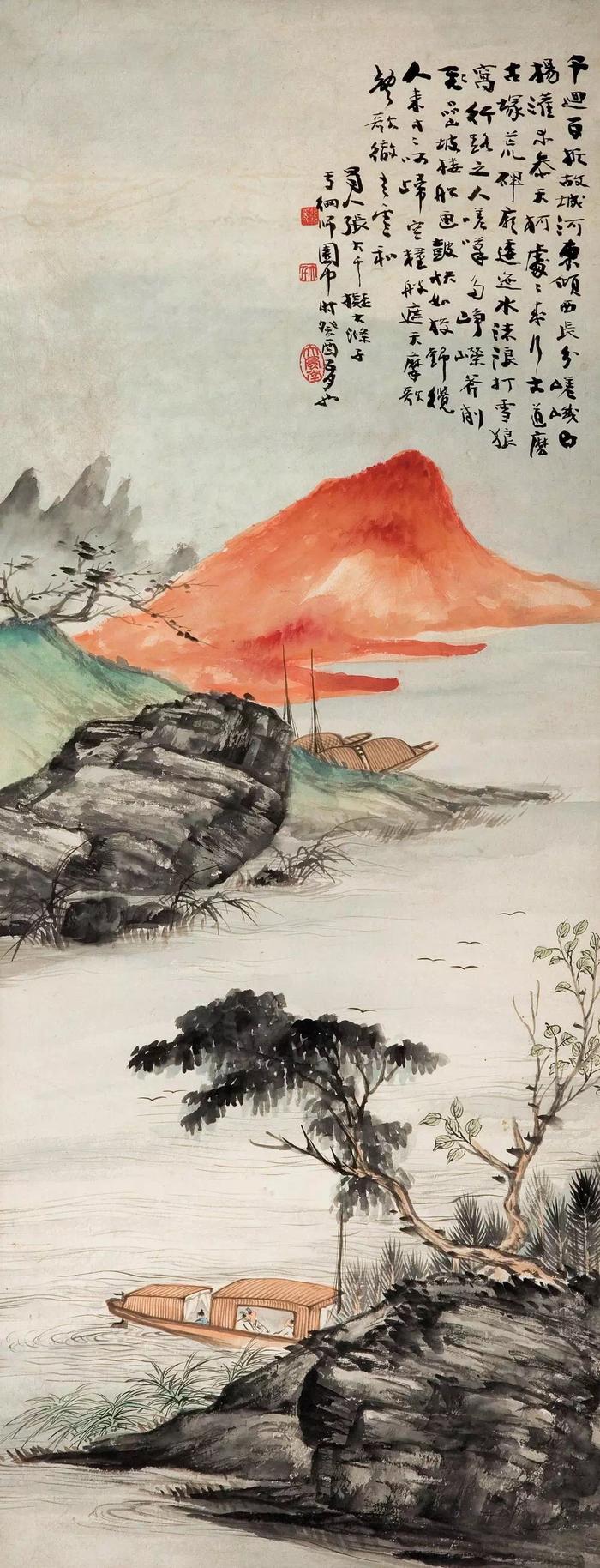 中国美術・純手描き三尺山水画芯・水墨画・張大千印款・肉筆・宣紙・茶道・文房・国画 中国美術・純手描き三尺山水画芯・水墨画・張大千印款・肉筆