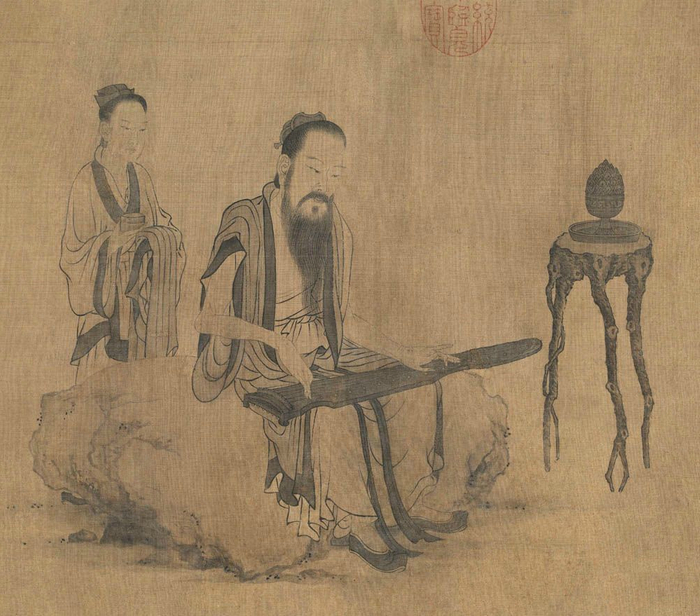 《伯牙鼓琴图》为元代王振朋所绘,水墨绢本,纵31.4厘米 横92厘米