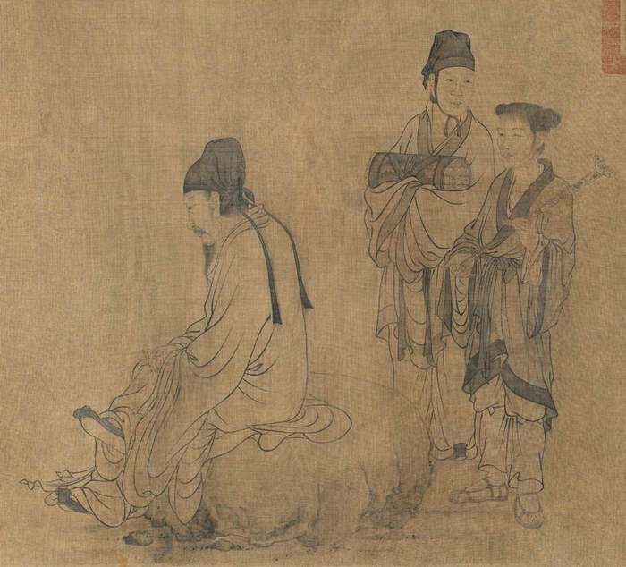 《伯牙鼓琴图》为元代王振朋所绘,水墨绢本,纵31.4厘米 横92厘米