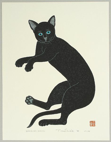 这猫有点呆萌~西田忠重Nishida Tadashige日本版画艺术家|西田|版画|猫