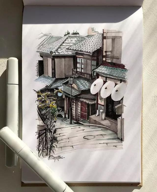 别有韵味的马克笔街景建筑手绘插画 画师 lena.leshko
