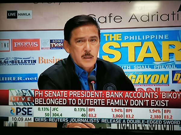 参议长索托5月8日召开记者会，全面驳斥反对派捏造所谓杜特尔特及家人涉毒指控