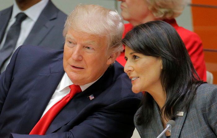 2017年9月美国总统与时任美国驻联合国大使妮基•黑莉出席联合国大会。图/视觉中国