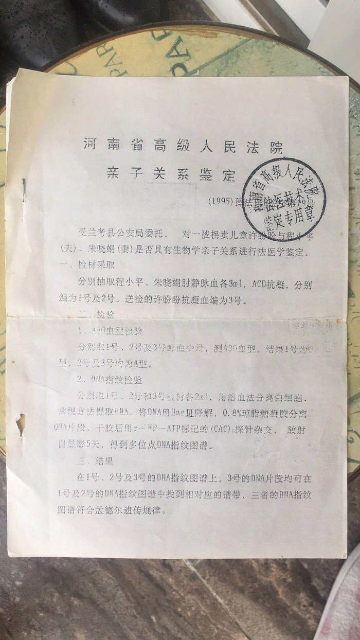1995年，盼盼送回时的亲子鉴定。受访者供图