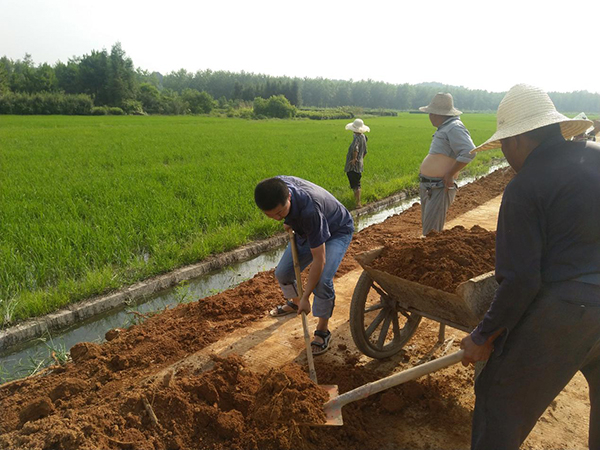 刘斌樑（左一）带领村民们在修建道路。澎湃新闻记者 蒋格伟图