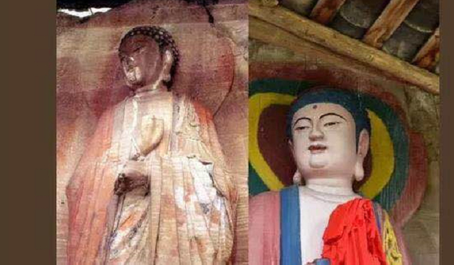 　　▲图说：去年8月，有网友爆料，经求证，位于安岳石窟及广安金凤的古代佛造像，古朴、浑厚的佛造像被刷上了一层彩漆，姹紫嫣红。佛像原本的造型、发饰、衣品纹络及庄严感也荡然无存。这被网友称为“毁容式修复”。