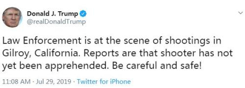 　　美国总统特朗普在社交网站上发文称，执法人员已赶到事发现场。请大家小心，注意安全（图片来源：特朗普社交网站截图。）
