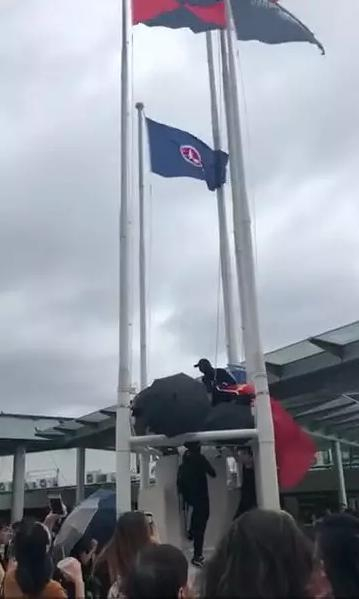 黑衣暴徒拆下国旗随后扔入海中。网络视频截图