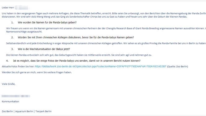 ▲截图为柏林动物园回复给环球时报的邮件