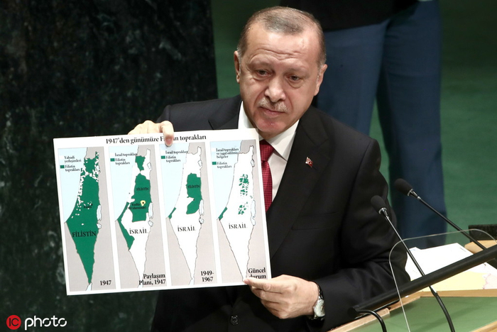 　埃尔多安在联大演讲时展示地图（绿色为原巴勒斯坦领土） @IC Photo