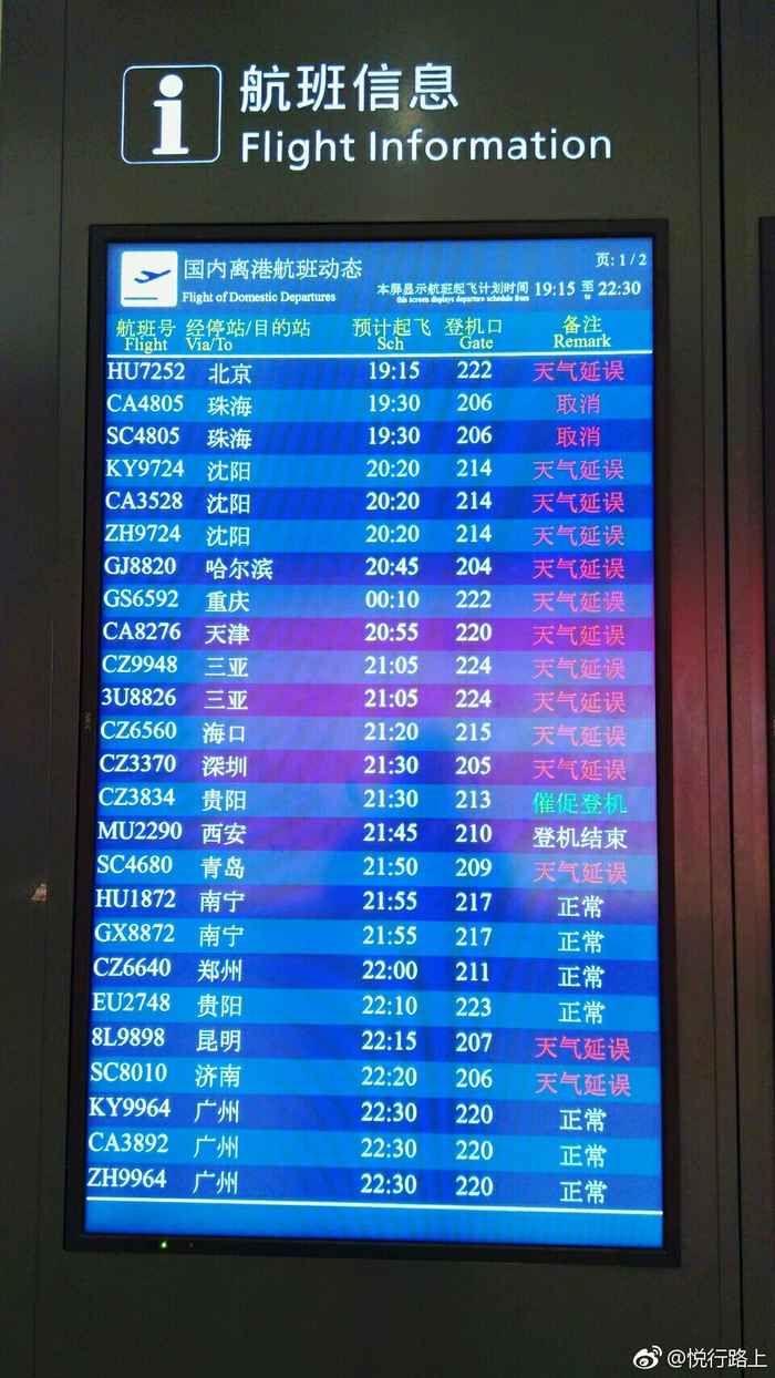 由于天气原因,航班大面积延误。