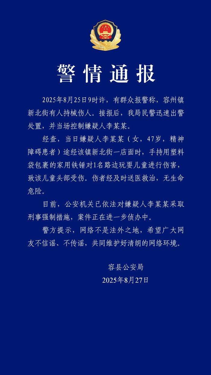 广西一精神障碍女子当街锤击儿童致伤,已被刑拘