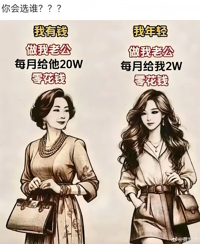 中年富婆月给20万与美女索要2万零花钱引选择难题
