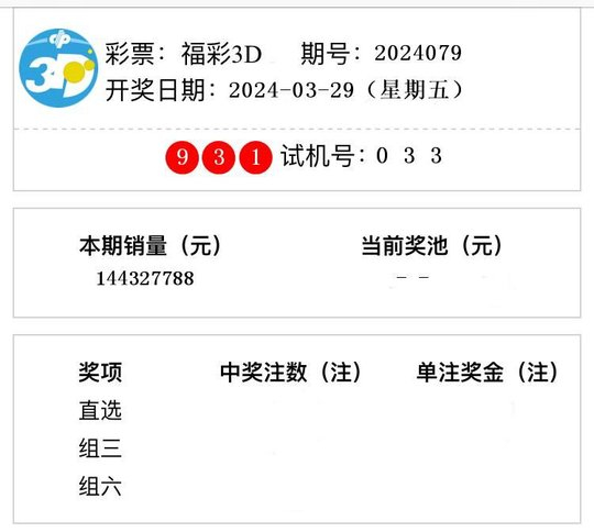 福彩3d开奖结果第2024079期 本期销量14432万元|3d|试机号|福彩_新浪