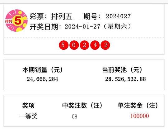 排列五开奖结果第2024027期 一等奖中出58注|排列五|一等奖|号码_新浪