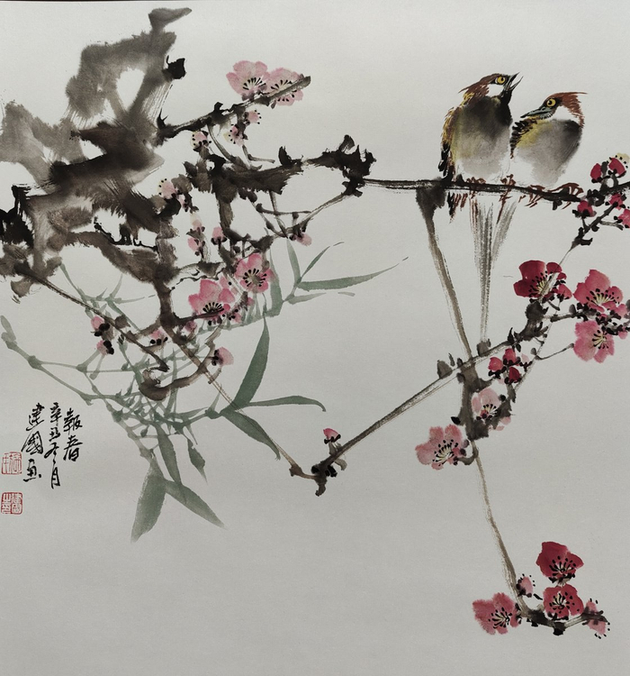【佳作欣赏】喜鹊报春,施建国先生花鸟画,墨舞诗意,情满画卷