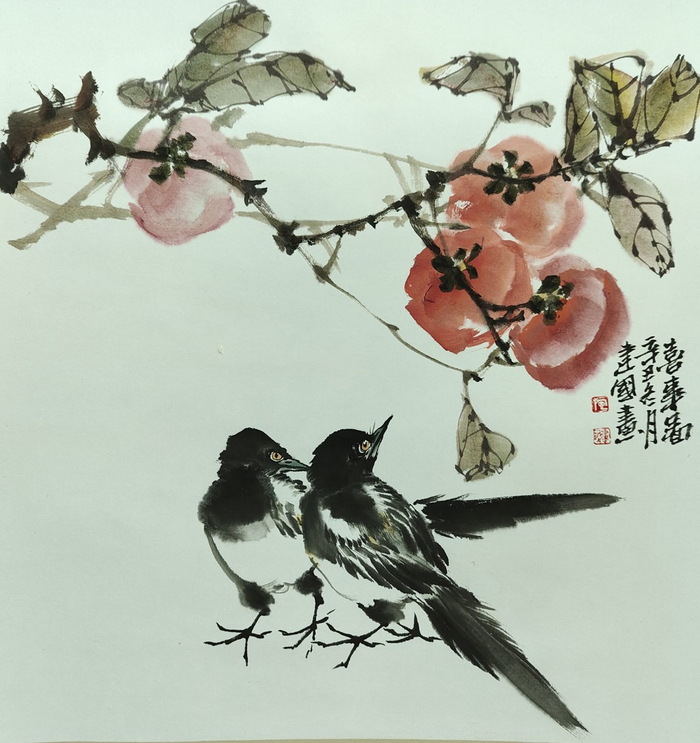 【佳作欣赏】喜鹊报春,施建国先生花鸟画,墨舞诗意,情满画卷