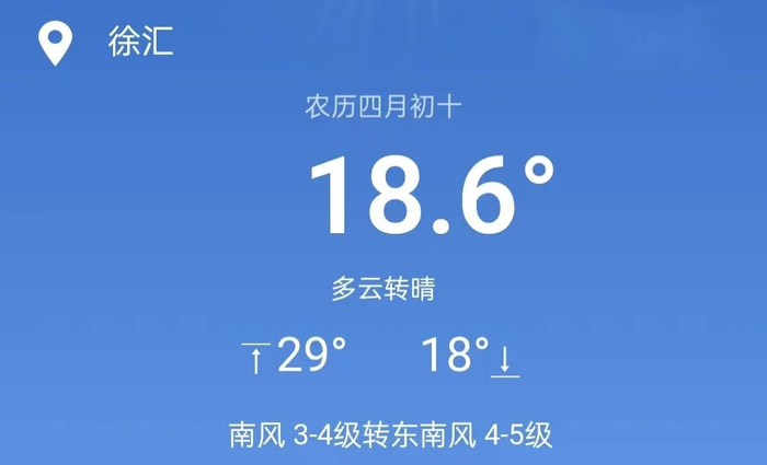 具体预报:晴到多云,18~29℃,南到东南风4~5级,沿江沿海地区阵风6级