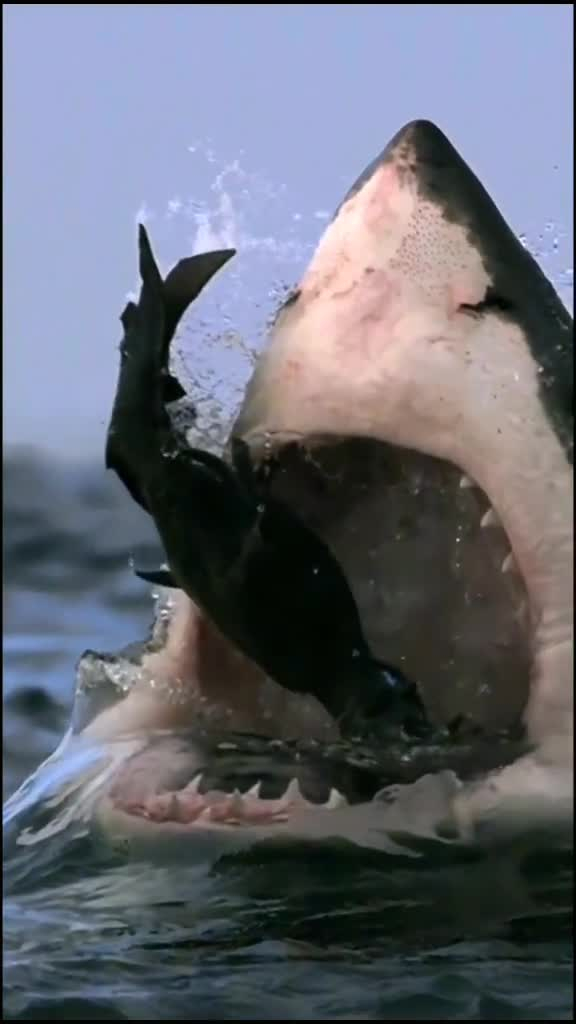 鲨鱼捕食猎物的场面,这牙龈有点出血啊!