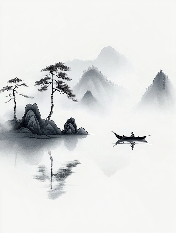 远山湖泊古树小船,黑白虚实尽显简约之美!