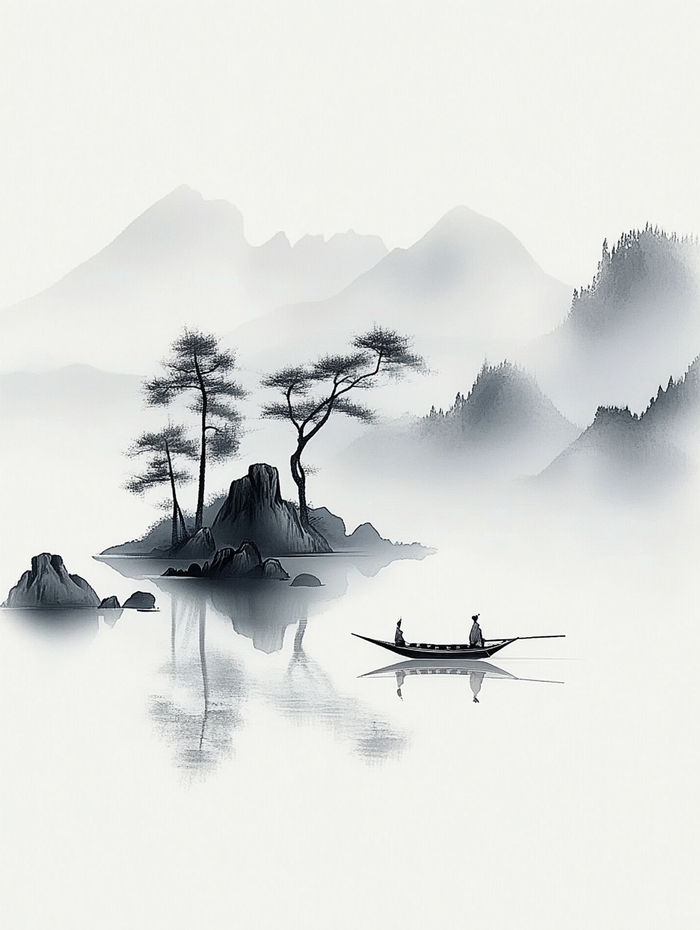 远山湖泊古树小船,黑白虚实尽显简约之美!