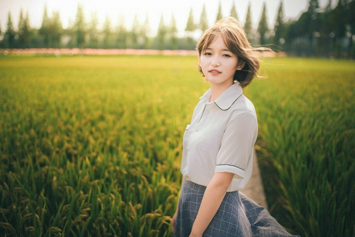 清纯短发女孩稻田阳光俏皮唯美写真