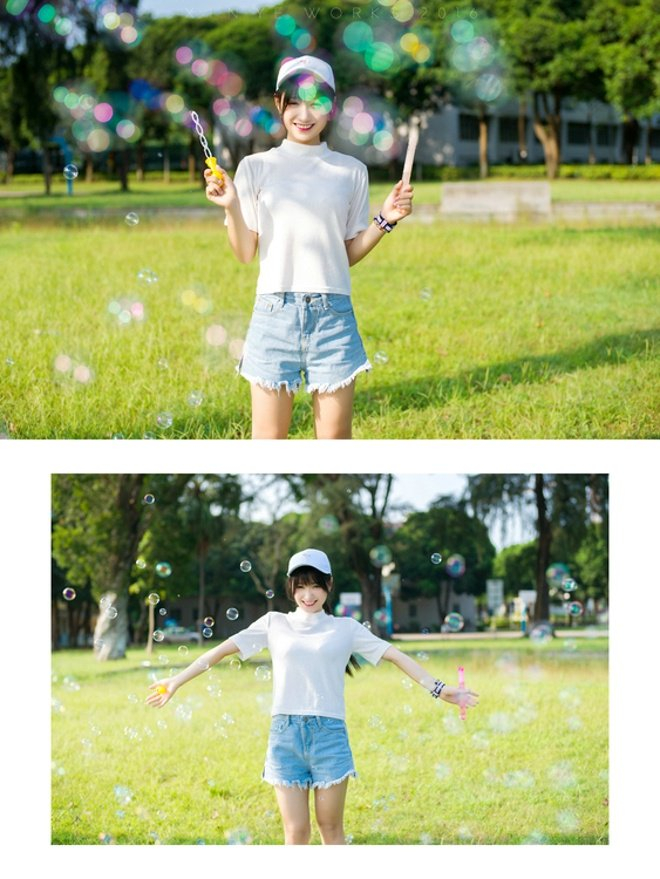 坐在草坪上吹泡泡阳光靓丽美女清新唯美写真