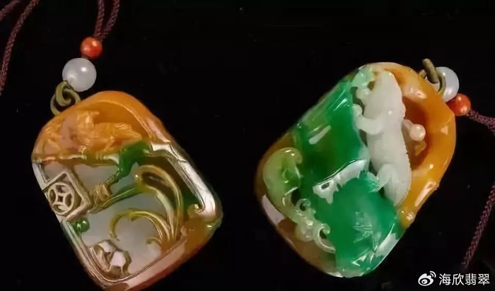 如果一件翡翠上面有红有绿已是相当难得,如果再多一种颜色价格就会更