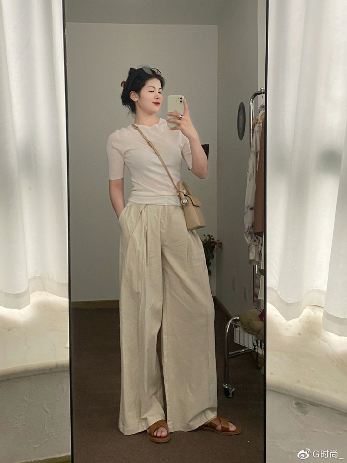 一,卡其阔腿裤 凉鞋