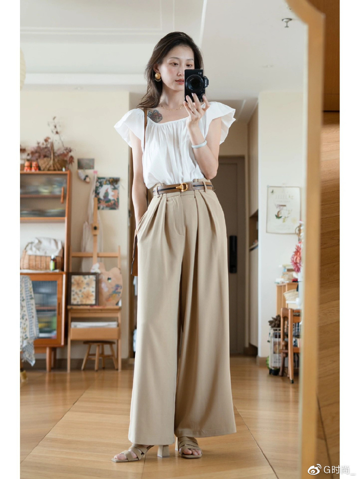 一,卡其阔腿裤 凉鞋