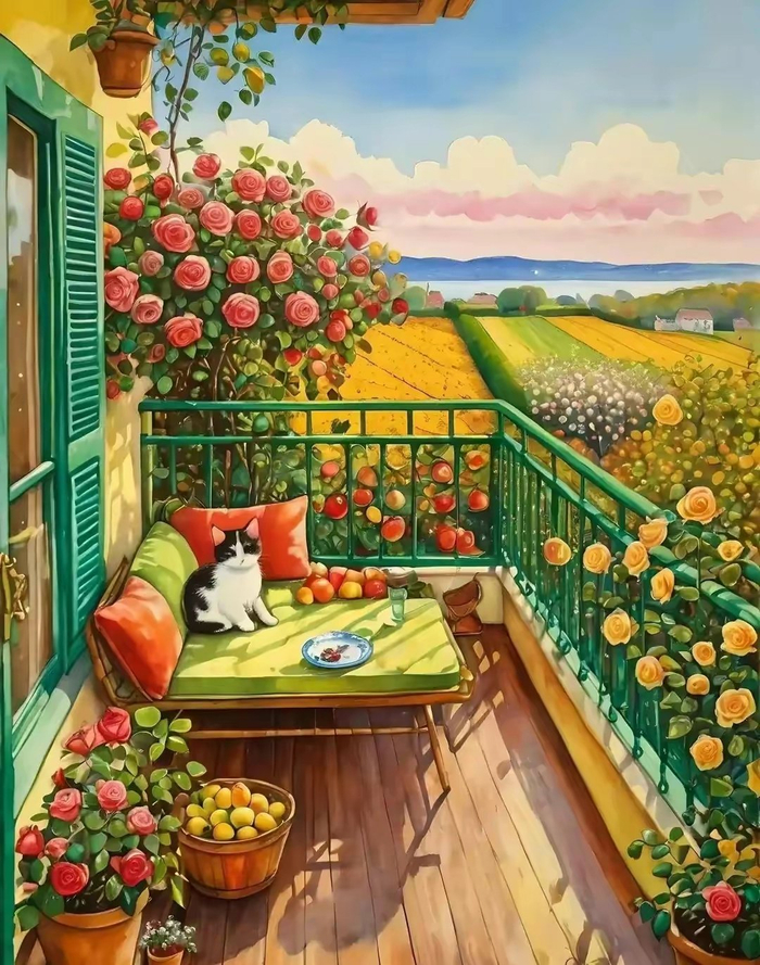 开满鲜花的阳台唯美绘画作品欣赏