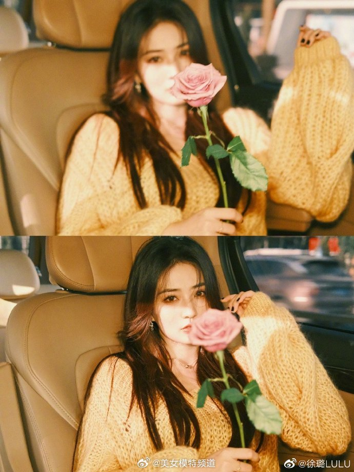 徐璐穿黄色毛衣置身车内拍片 长发随风舞动眼神迷人