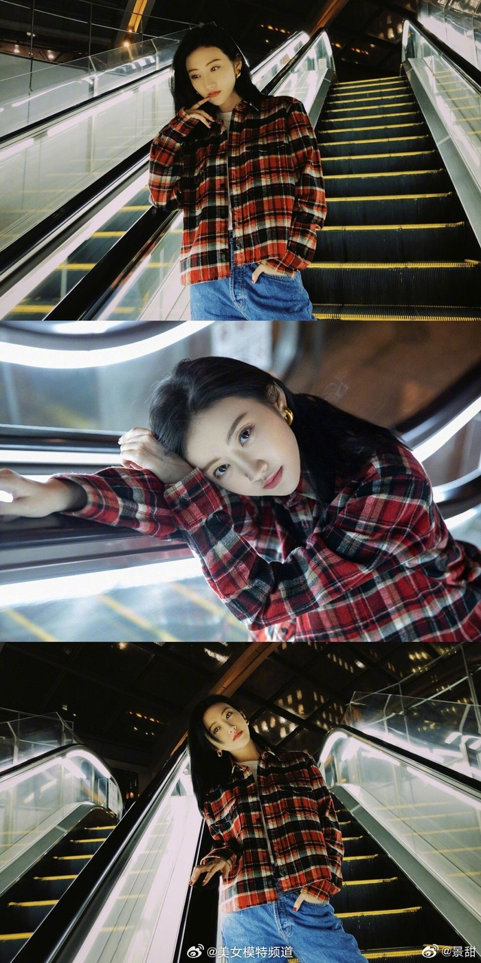 景甜晒美照夸张金耳环抢眼 着红黑格子衬衣休闲清爽