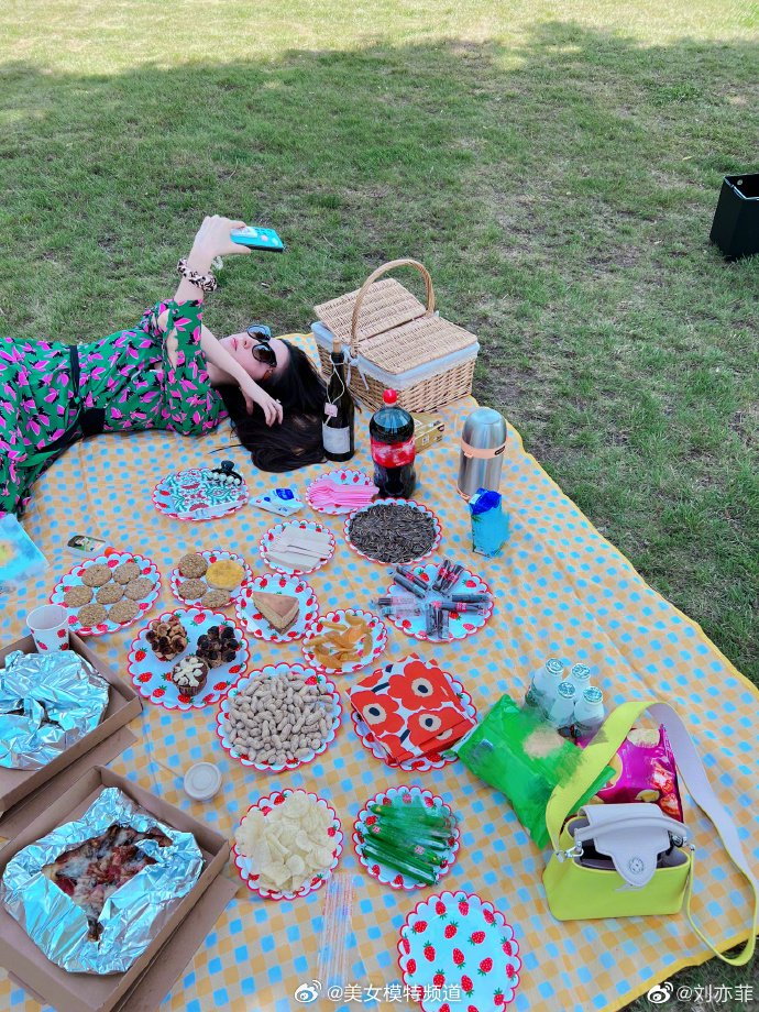 刘亦菲分享户外野餐随拍穿绿色长裙戴墨镜惬意自在