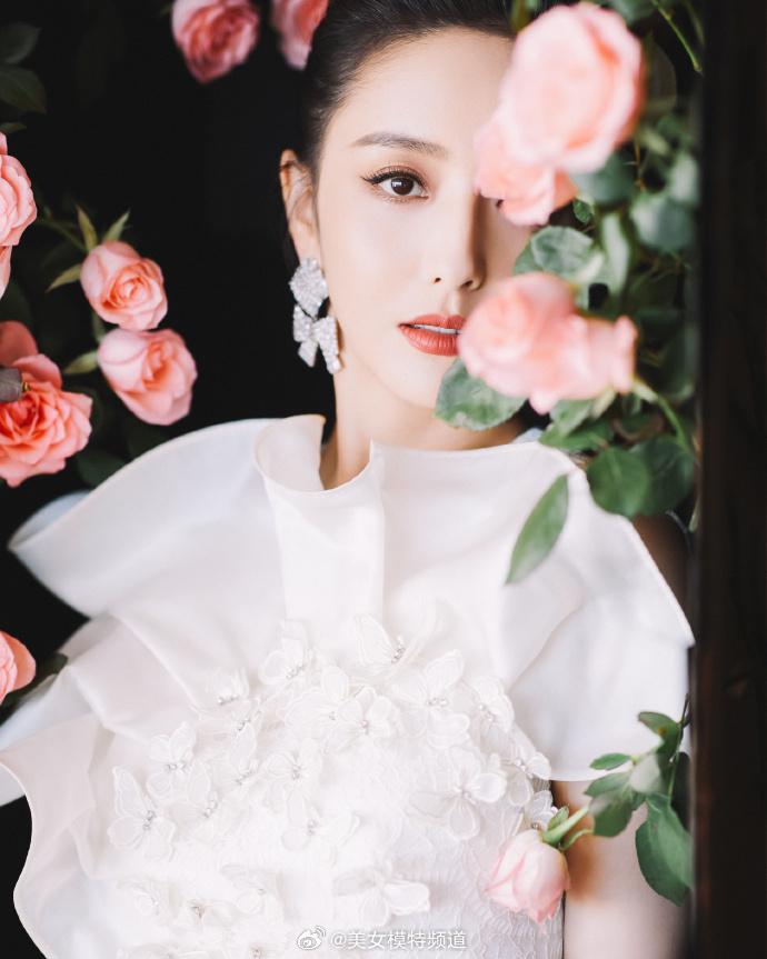 佟丽娅穿白裙置身玫瑰花海 迎着阳光抿嘴微笑优雅迷人