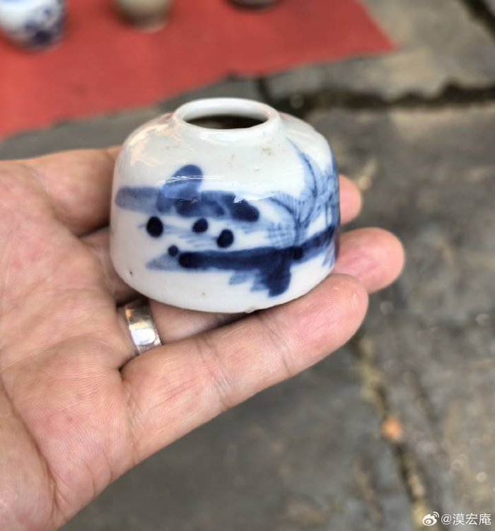 晚清青花风景图水盂